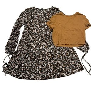 Wild Fable Floral Long Sleeve Babydoll Dress & Cropped Brown Tee Bundle
